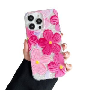 Compatible with iPhone 16 Case, Cute Aesthetic Sparkle Hot Pink Oil Painting Floral Flowers Cover for Women, Shockproof Slim Soft TPU Protective Phone Case for iPhone 16 6.1"