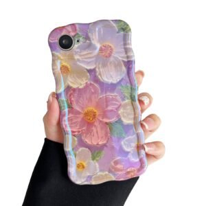 Compatible with iPhone 16 e Case, Cute Curly Wave Frame Colorful Retro Oil Painting Flowers Pattern Cover for Women, Shockproof Soft TPU Protective Phone Case for iPhone 16 e 6.1''-Purple