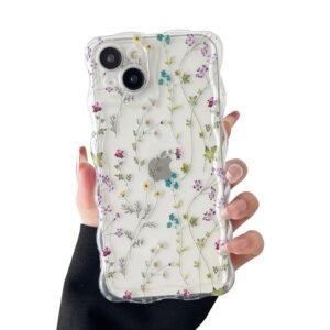 Compatible with iPhone 14 Pro Case, Clear Cute Curly Wave Frame Flower Branch Pattern Cover for Women, Shockproof Soft TPU Protective Phone Case for iPhone 14 Pro 6.1", Clear