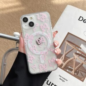 Compatible for iPhone 15 Case, Clear Cute Pink Bow Pattern Case [Compatible with MagSafe] for Women, Soft TPU and Hard PC Protective Shockproof Cover for iPhone 15 6.1''