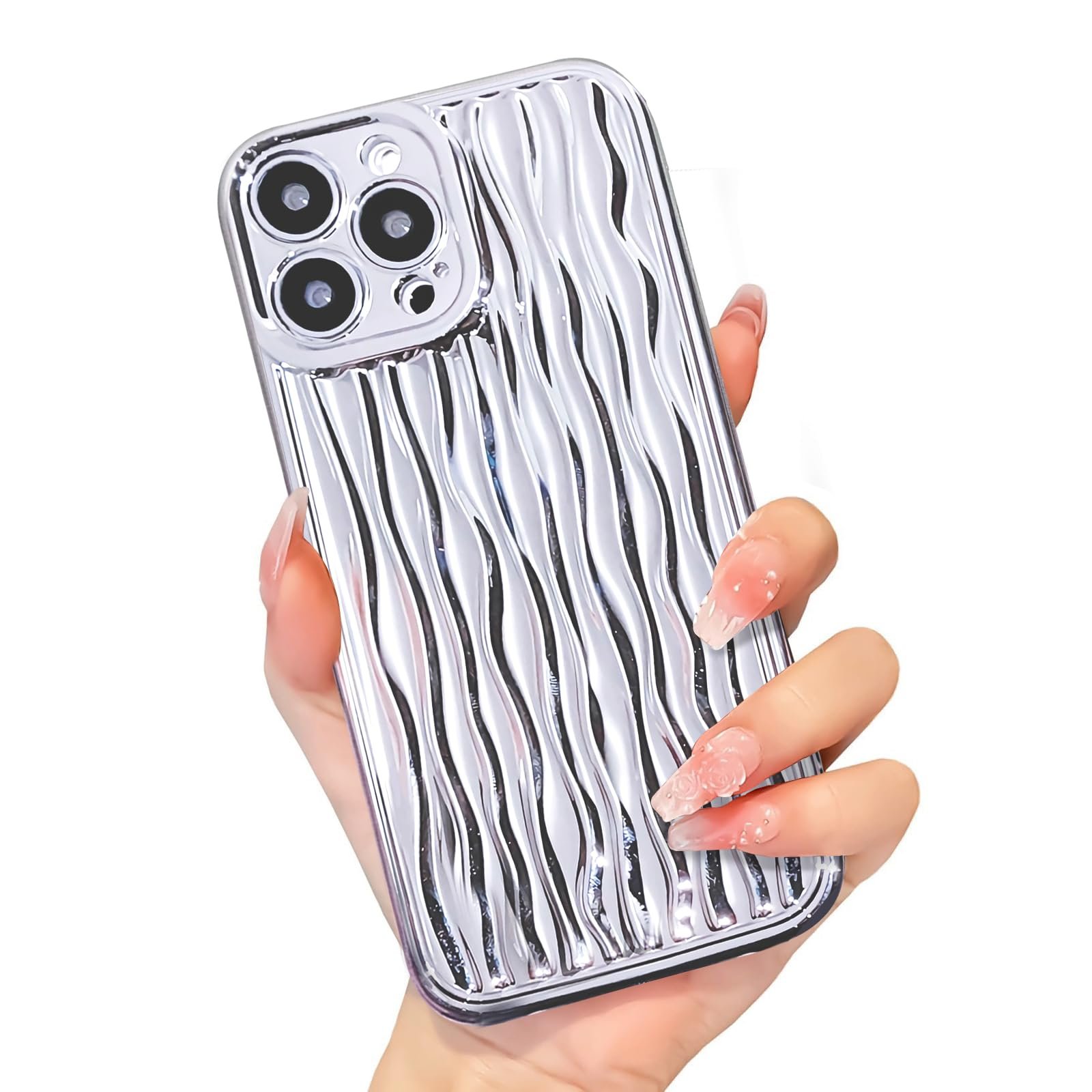 for iPhone 13 Pro Max Case Wavy Water Ripple Pattern, Cute Curly Wave Sparkly Luxury Silicone Soft Shockproof Protective Phone Case Cover for Women Girls (Silver, iPhone 13 Pro Max)